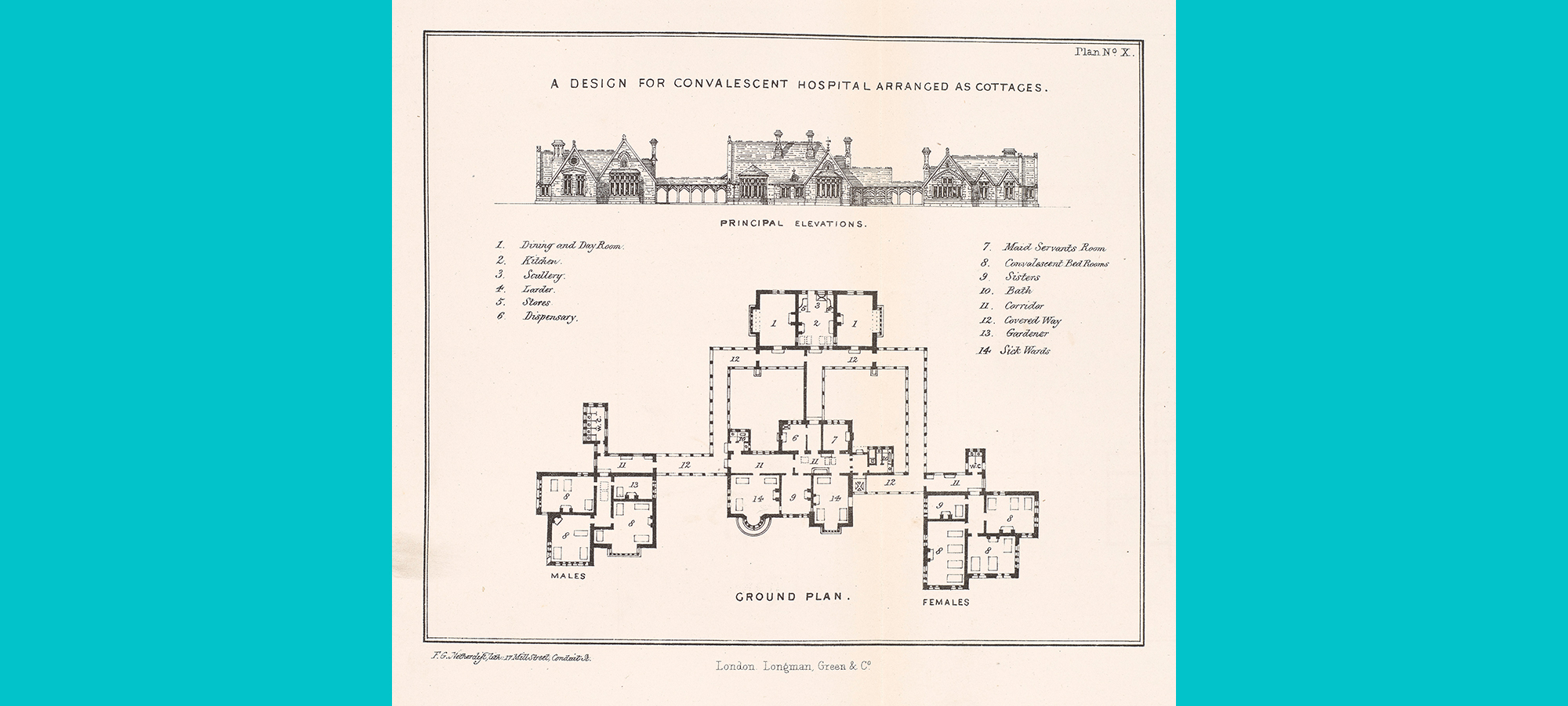 scan of a drawn birds eye architectural plan of a convalescent hospital