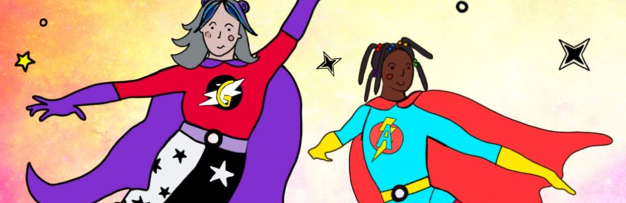 Illustration of a granny and grand-daughter wearing super hero outfits with stars around them 