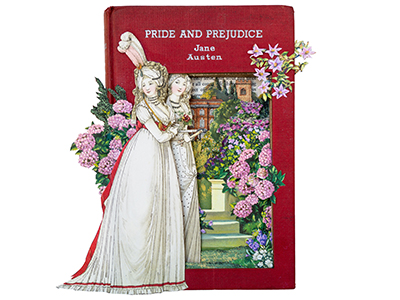 A copy of pride and prejudice with women peeping out from the book cover in 3D art