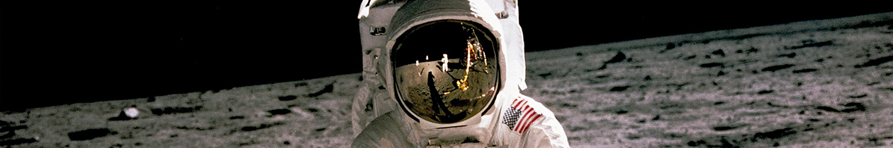 Astronaut in space standing with moon surface in background and black