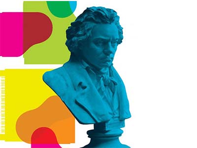 Beethoven head in blue with coloured pattern behind
