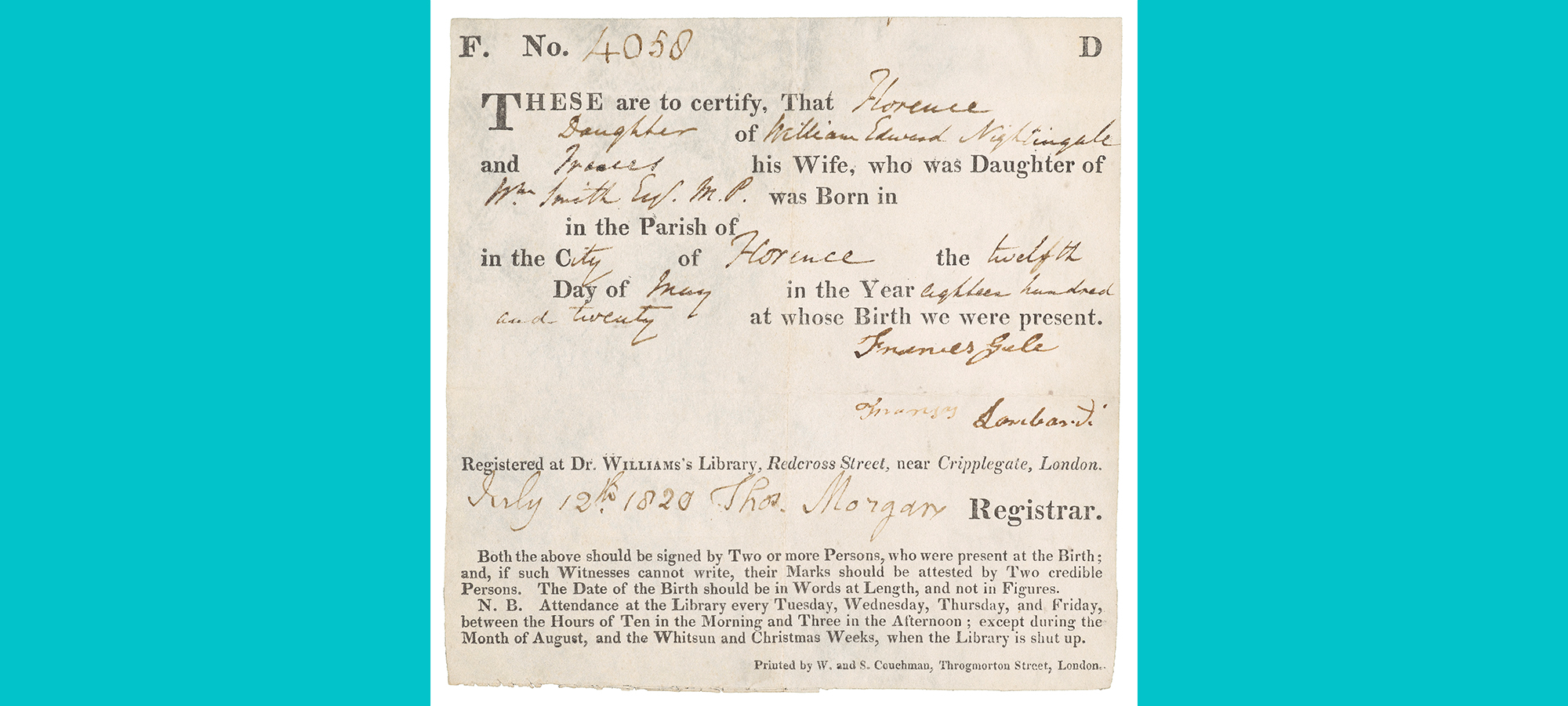 Certificate of Florence Nightingale's birth displaying print and hand writing