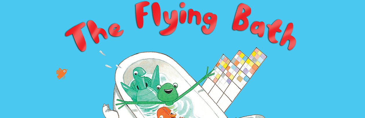 Doodle title A Flying Bath with a smiling turtle bathing