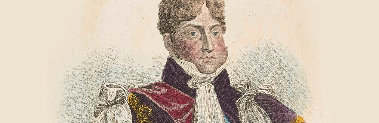 Drawing of George IV in pink clothing against pale background