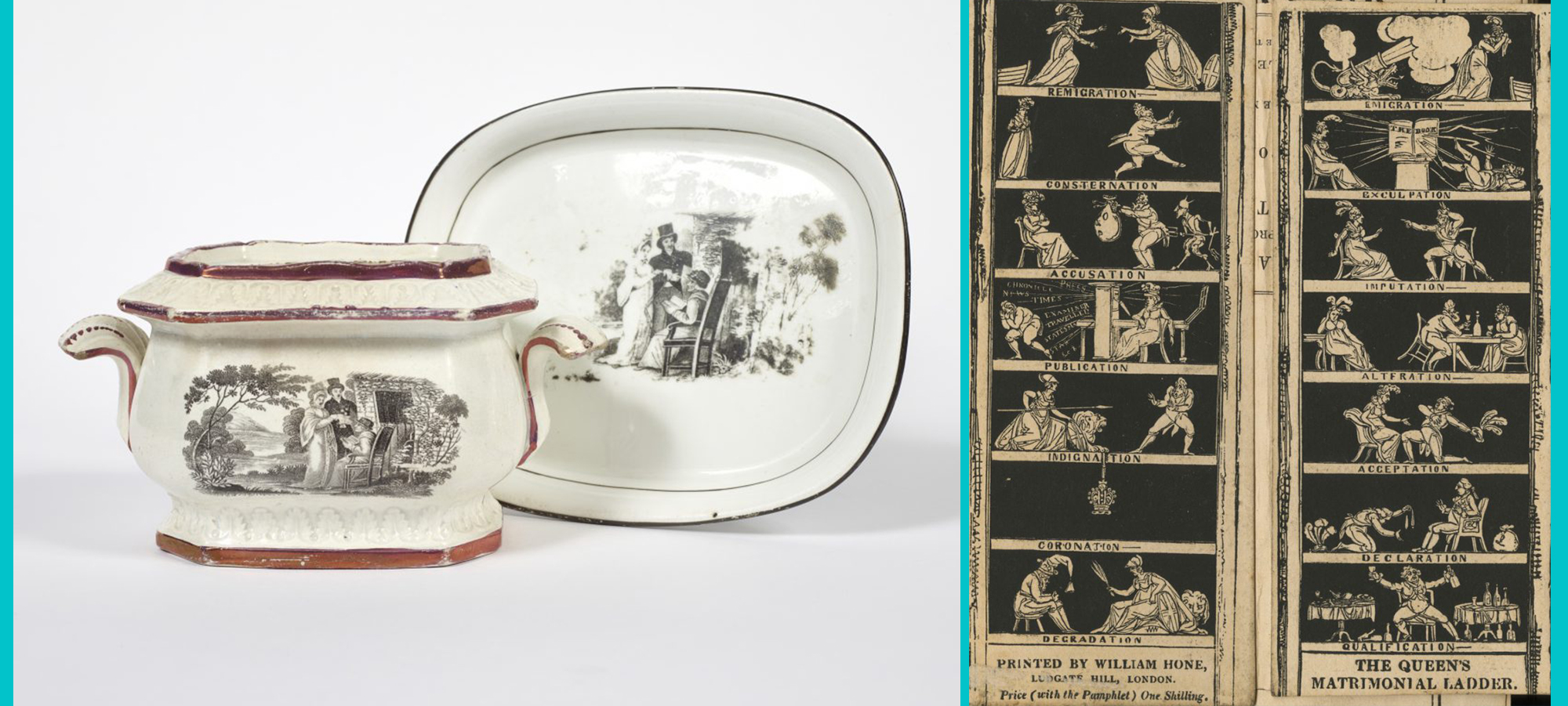 two pictures of objects from georgian times. left: china pottery plate and dish. right: Tapestry of figures and ladders