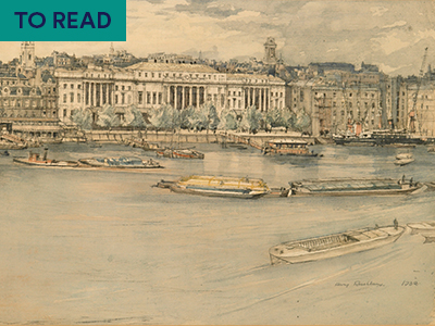  Detail of an watercolour by Henry Rushbury, a view of London from the Thames 
