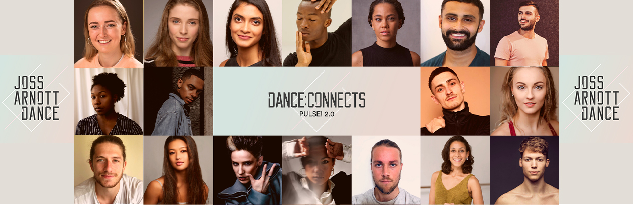 A collage of Joss Arnott dance company's dancers' portraits wifh their logo and DANCE:CONNECTS written in the middle