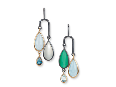 Bespoke silver dangly earrings of blue and green