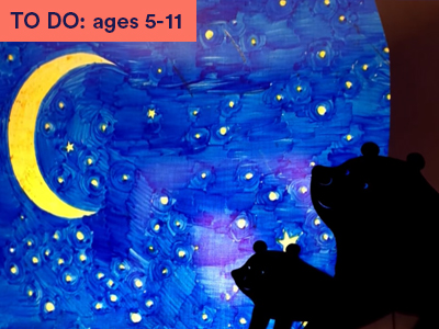 Big bear and little bear made from black card against a blue sky, yellow moon and stars. Keywords in corner: TO DO: ages 5-11