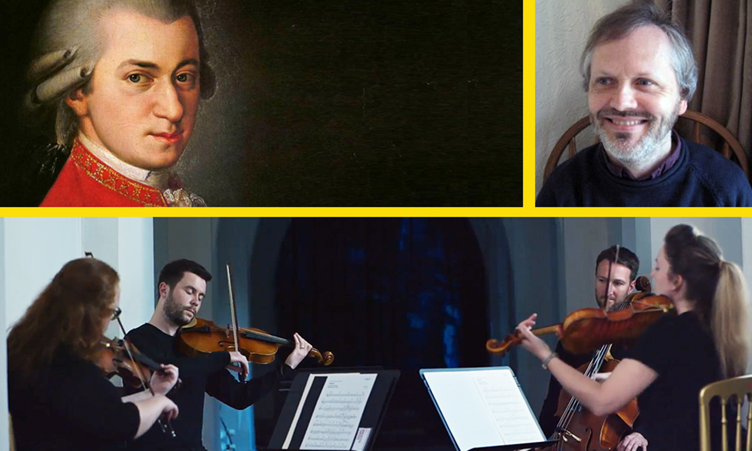 Painting of Mozart, man with grey hair and group of musicians playing string instruments in photo collage separated by yellow line