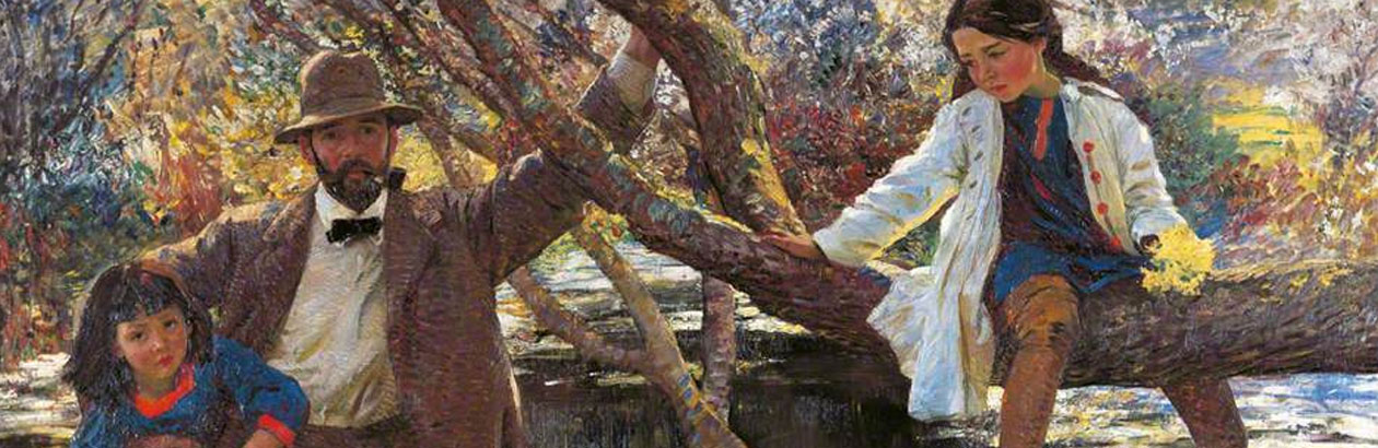 Painting of a father with two daughters under a tree. By Laura Knight, detail