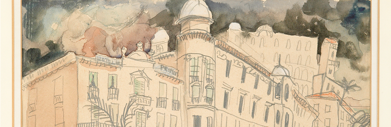 Detail of a watercolour by Christopher Wood showing the top of a series of buildings