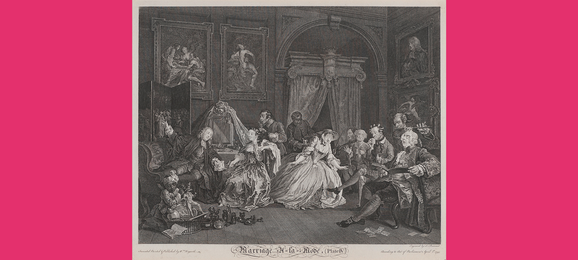 Full image of William Hogarth's engraving depicting a social gathering of a wife