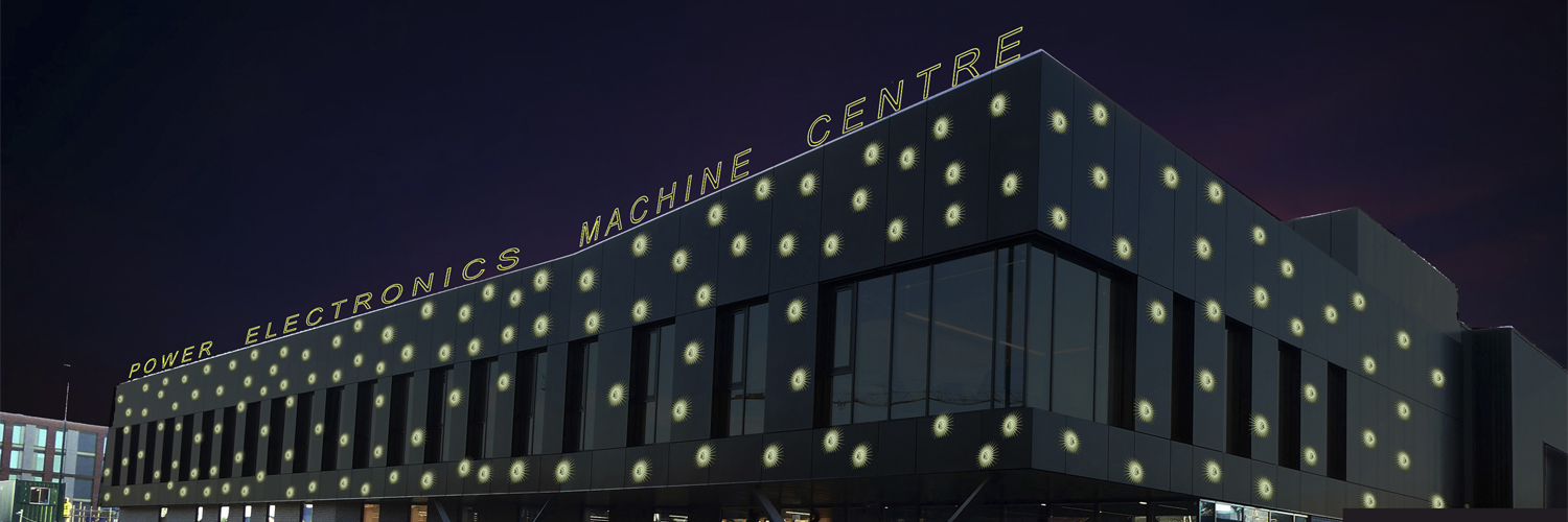 An artist rendering of a building with light up circles on it