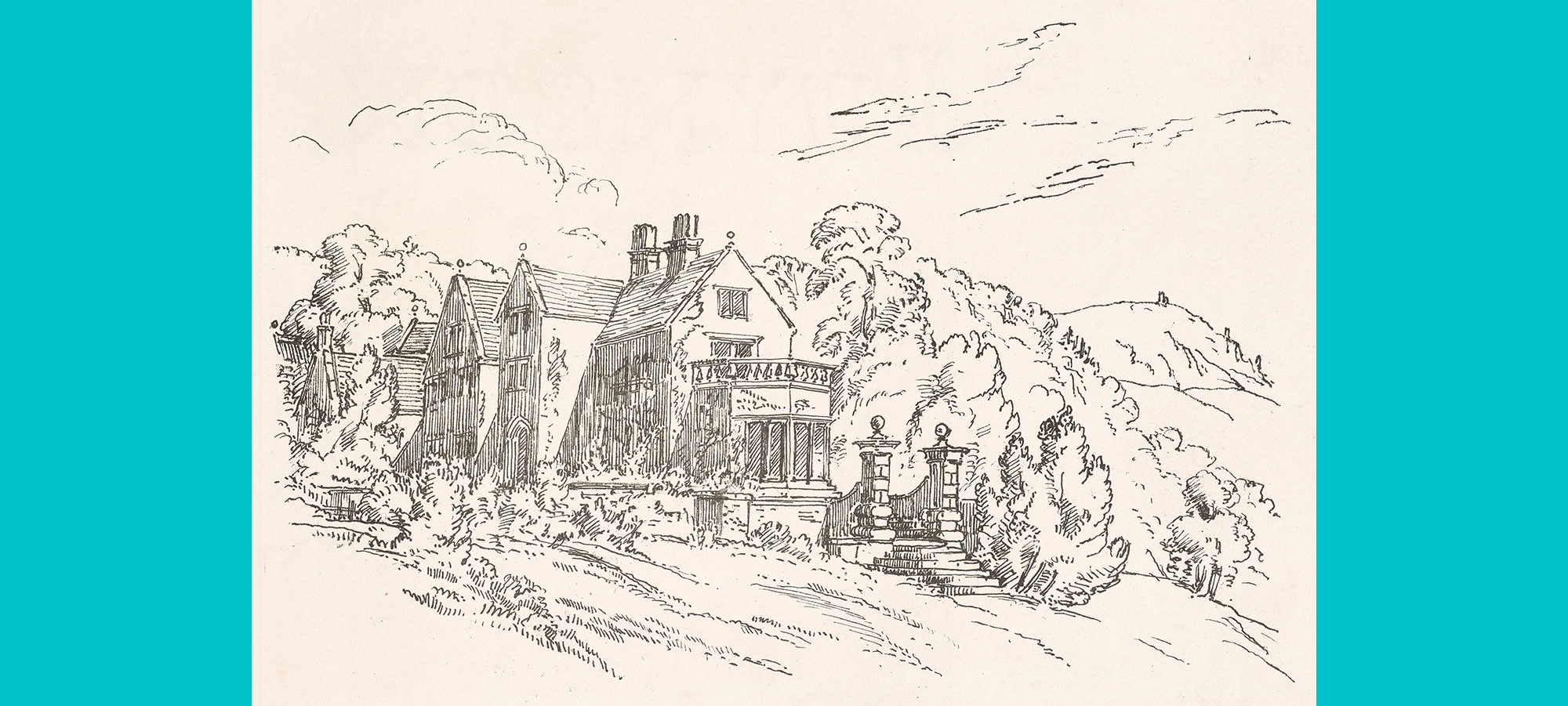 Print sketch of a house with surrounding trees