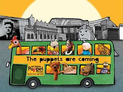 An illustration of a bus full of puppets. 