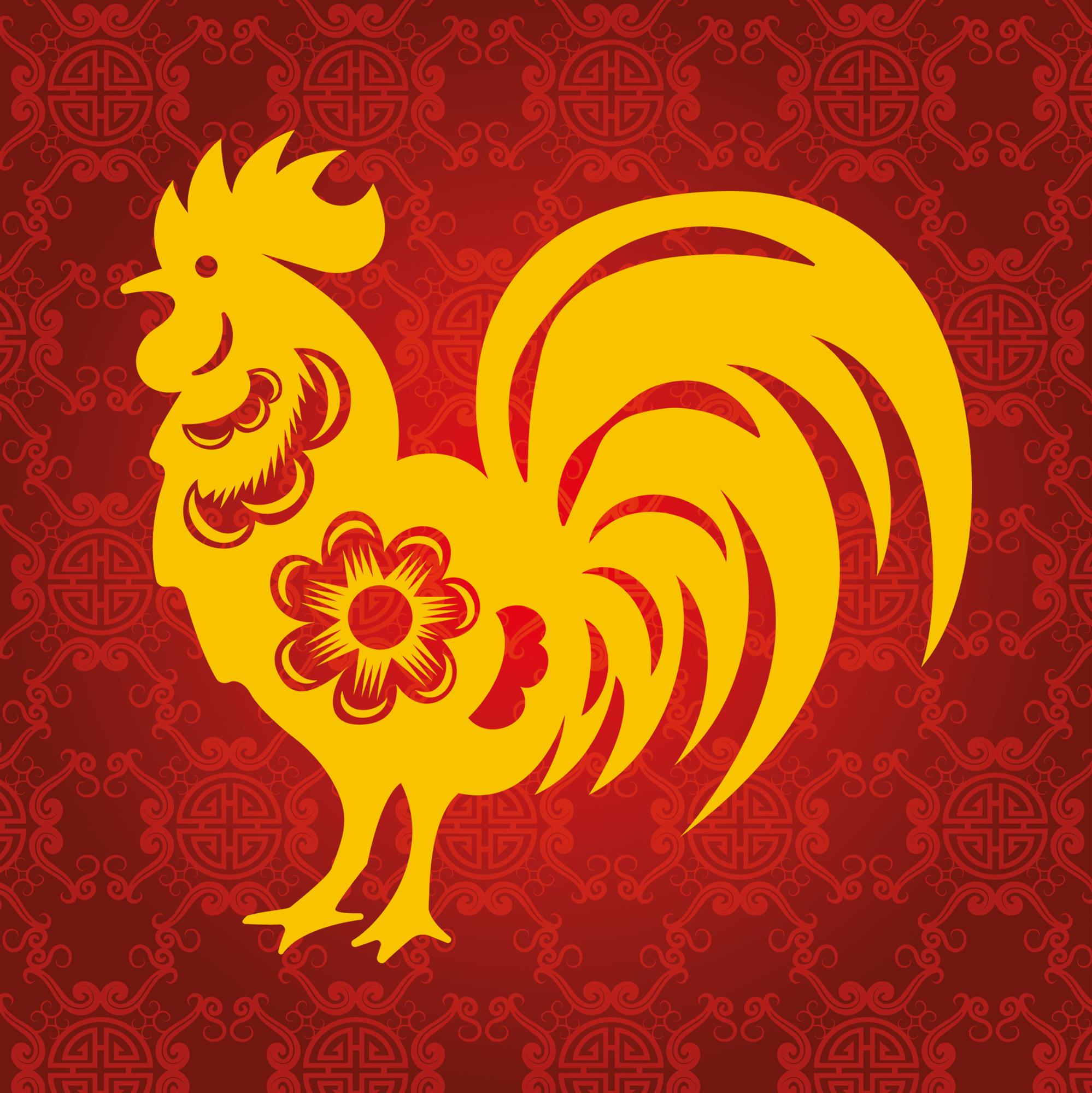 yellow roosteron a red background