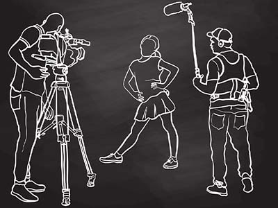 The white outline of a girl being filmed by a cameraman and a man with a boom mic