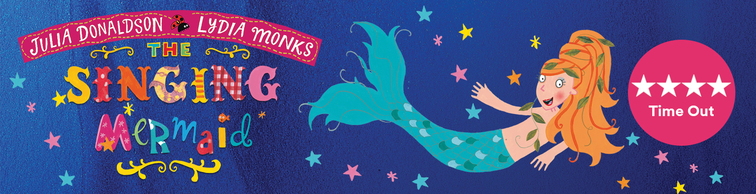 A drawn mermaid on a watery blue background with the title of the show