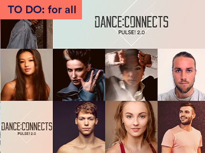 A collage of Joss Arnott dance company's dancers' portraits wifh their logo and DANCE:CONNECTS written in the middle