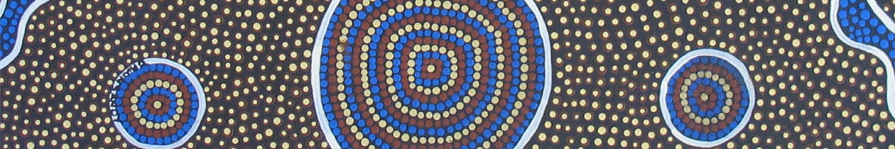Blue, white, red and yellow coloured dots situated as symmetrical artwork. A large circle is positioned in the middle with a small circle on the left and right. 